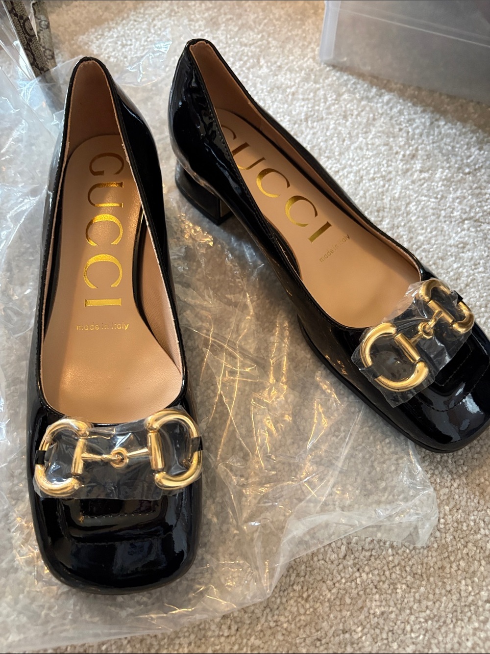 Black Patent Leather Loafers with Gold Horsebit